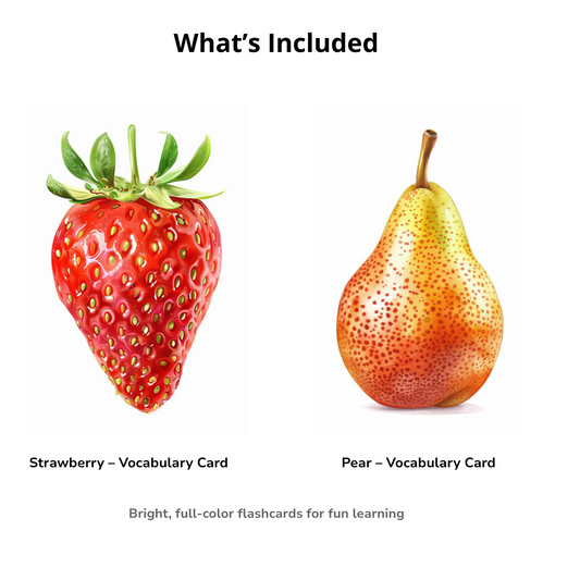 Fruit & Berry Vocabulary Cards – Printable Flashcards for Kids | 36 Color A6 Cards + Bonus Coloring Pages (PDF)