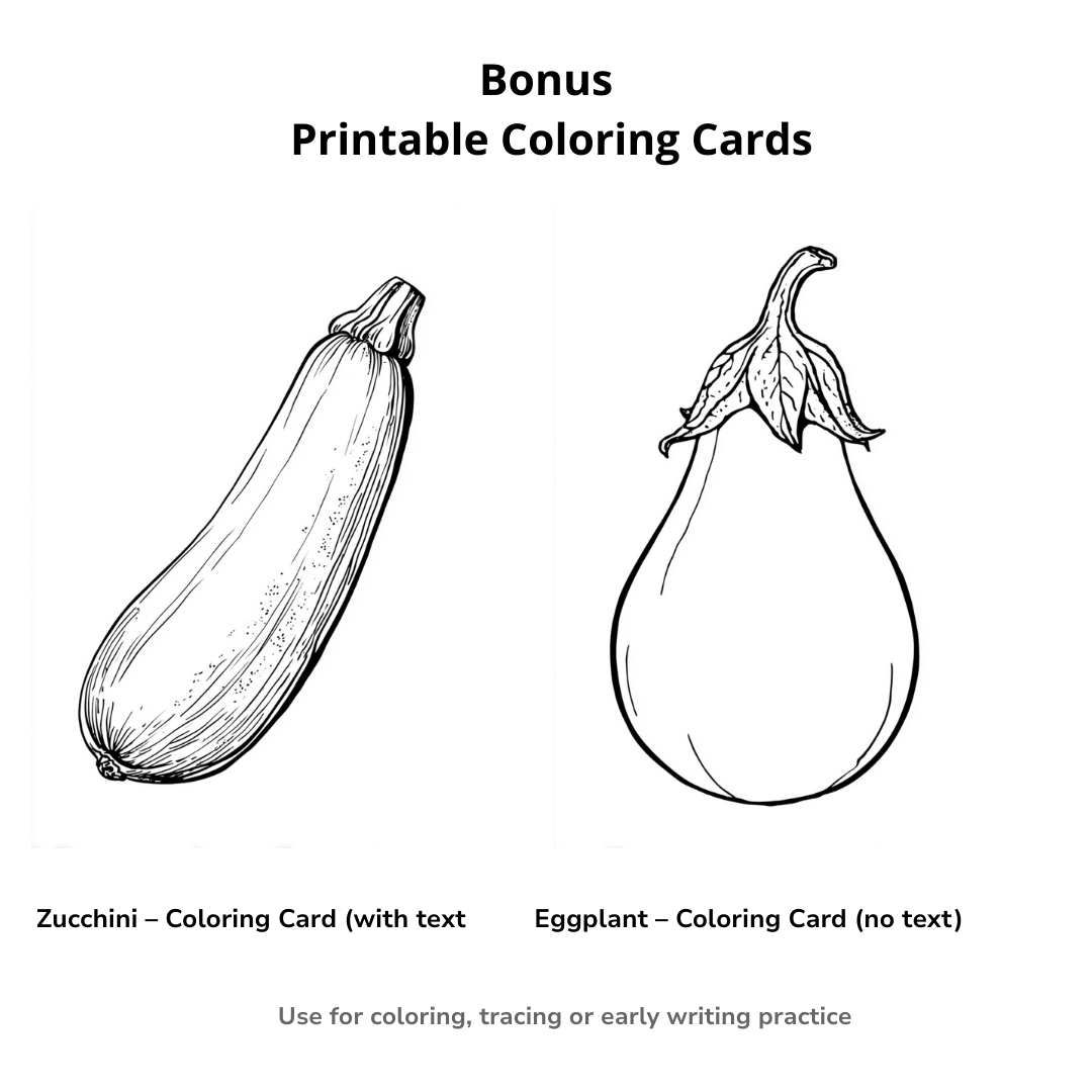 Printable Vegetable Flashcards for Kids – Learn & Color | 36 Color Cards + 2 Coloring Sets (PDF)