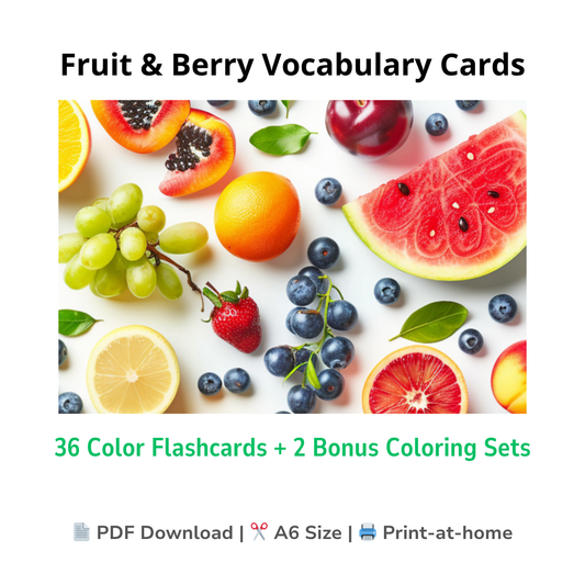 Fruit & Berry Vocabulary Cards – Printable Flashcards for Kids | 36 Color A6 Cards + Bonus Coloring Pages (PDF)