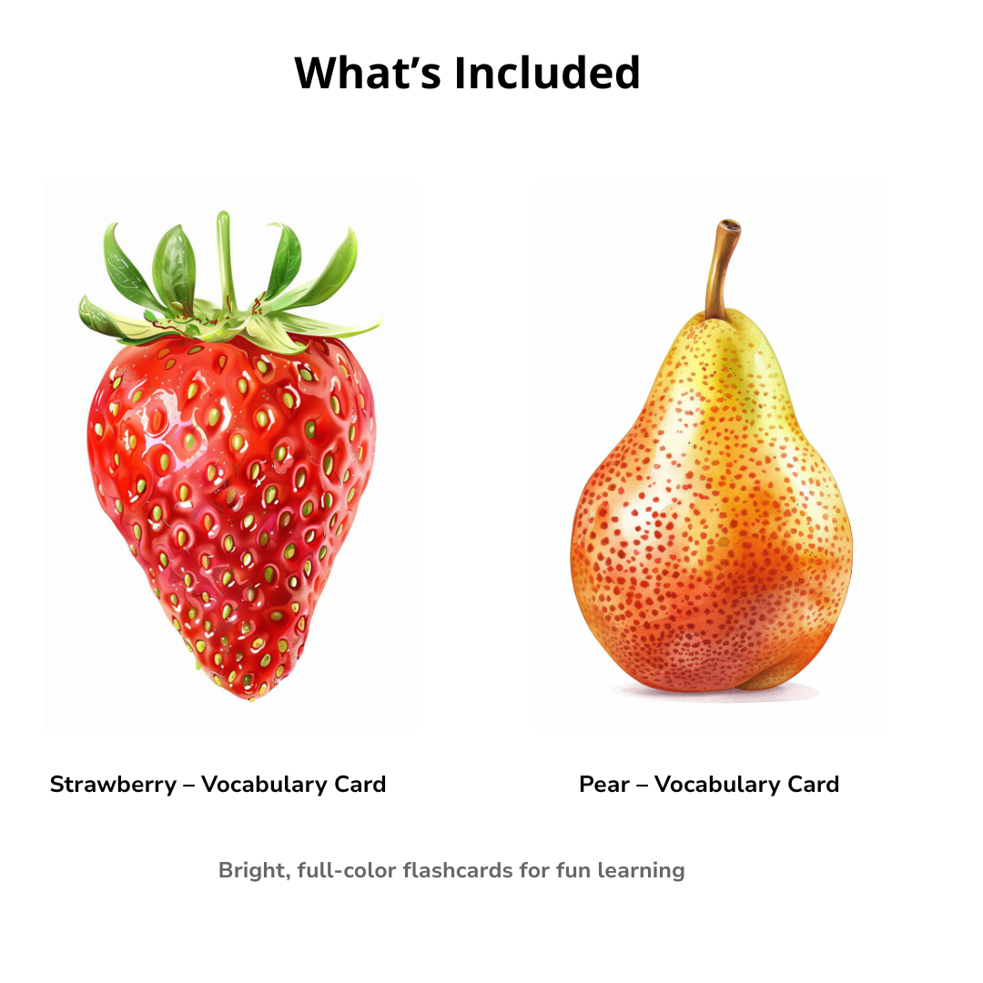 Fruit & Berry Vocabulary Cards – Printable Flashcards for Kids | 36 Color A6 Cards + Bonus Coloring Pages (PDF)