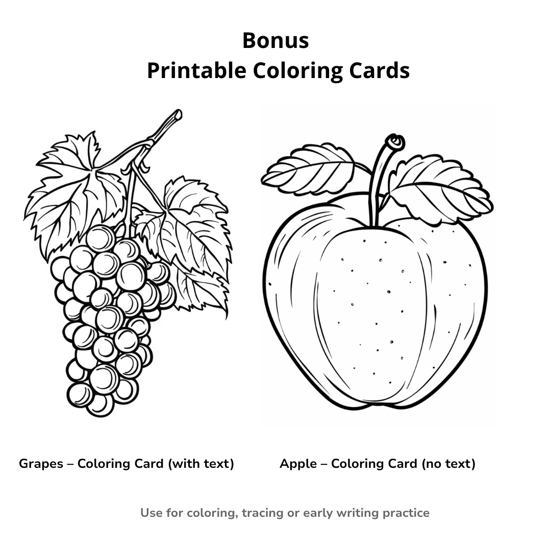 Fruit & Berry Vocabulary Cards – Printable Flashcards for Kids | 36 Color A6 Cards + Bonus Coloring Pages (PDF)