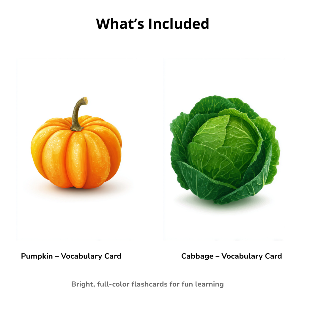 Printable Vegetable Flashcards for Kids – Learn & Color | 36 Color Cards + 2 Coloring Sets (PDF)