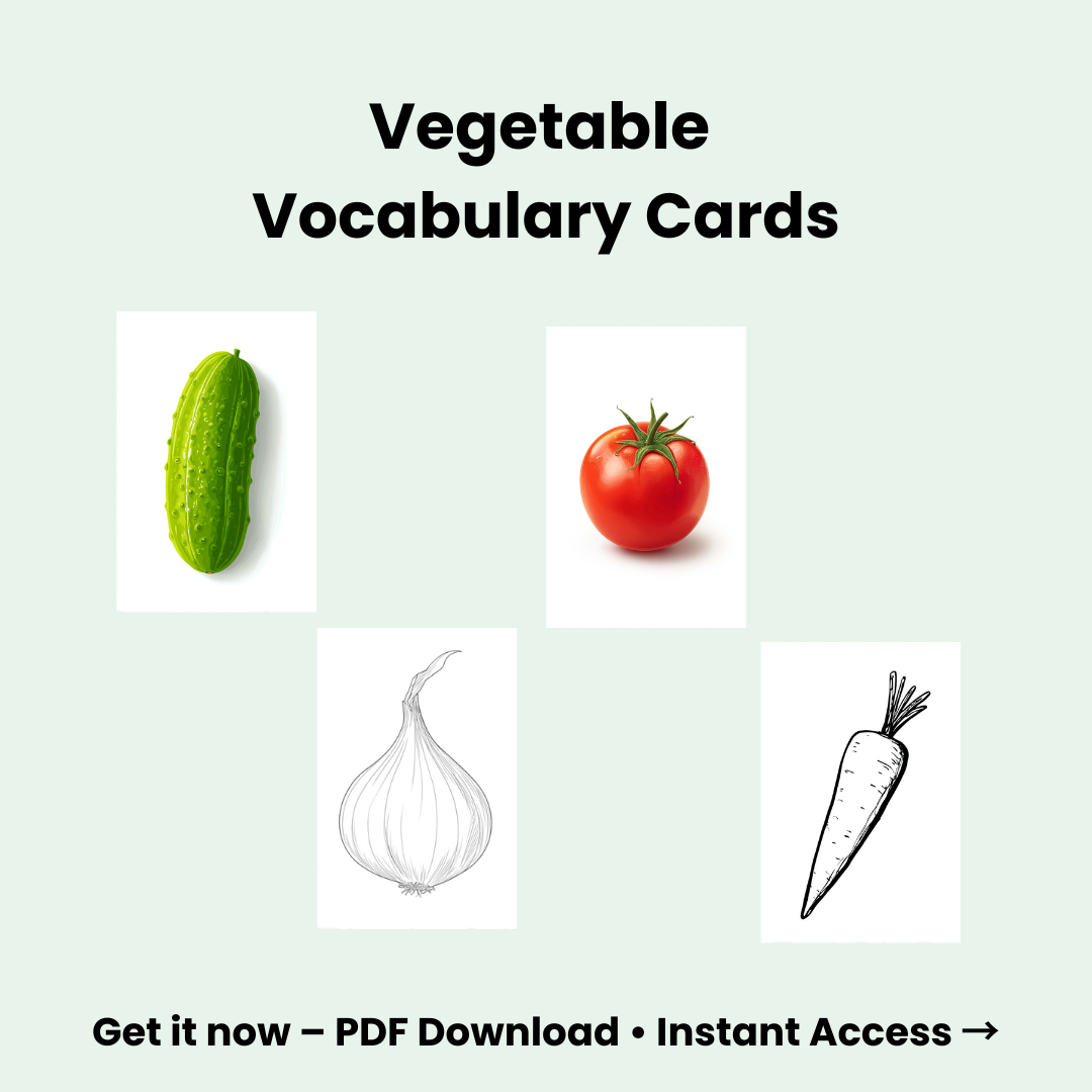 Printable Vegetable Flashcards for Kids – Learn & Color | 36 Color Cards + 2 Coloring Sets (PDF)